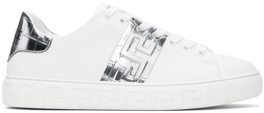 Shop Versace White & Silver Greca Sneakers In 2w27p-w+silv+palladi