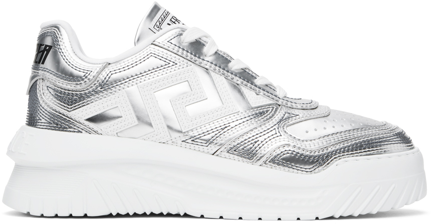 Shop Versace Silver & White Metallic Greca Oddisea Sneakers In 2ed50-silver+white