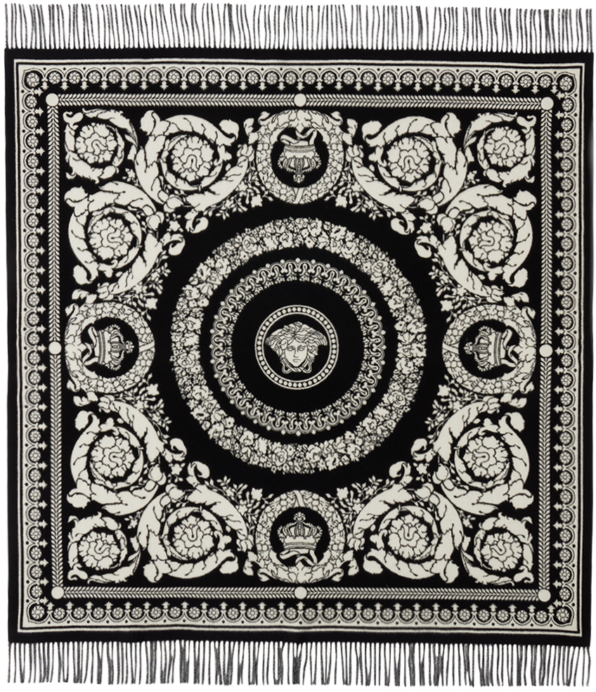 Versace Black & White Barocco Foulard Fringed Blanket
