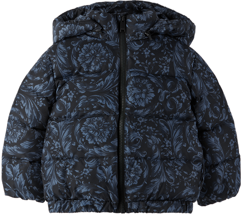 Shop Versace Baby Navy Barocco Down Jacket In Navy Blue
