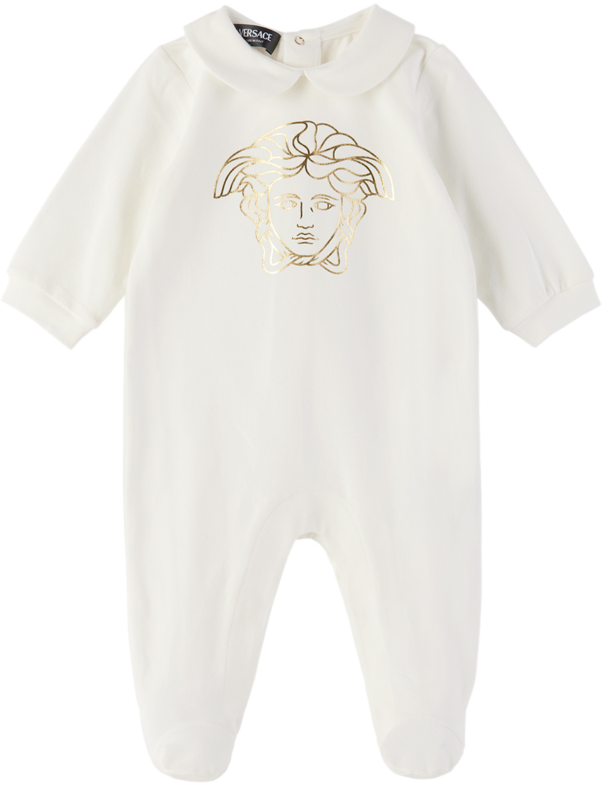 Shop Versace Baby White Medusa Jumpsuit In Bianco+oro