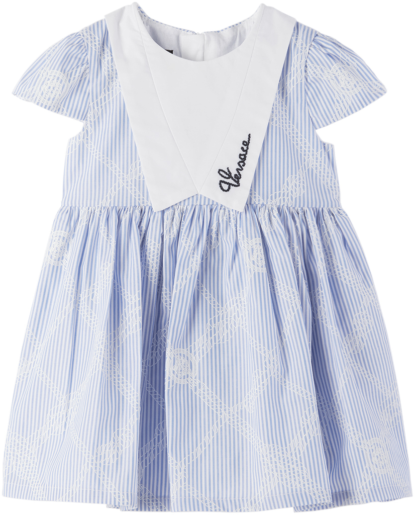 Shop Versace Baby Blue Striped Dress In Bianco+celeste
