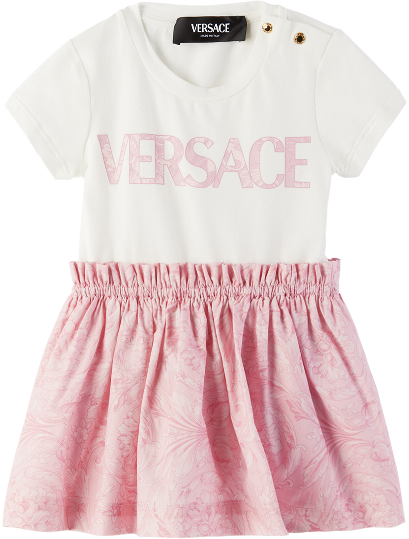 Shop Versace Baby Pink Barocco Dress In Bianco+rosa