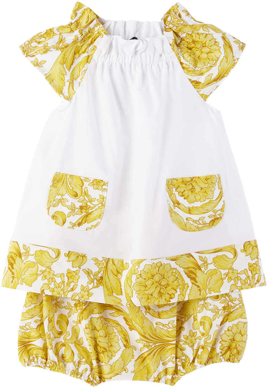 Shop Versace Baby White & Gold Barocco Dress & Bloomers In Bianco+oro