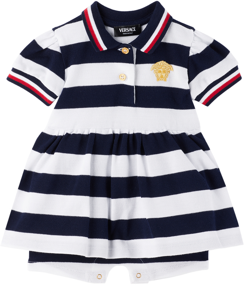Shop Versace Baby Navy & White Nautical Stripe Dress In Blunavy