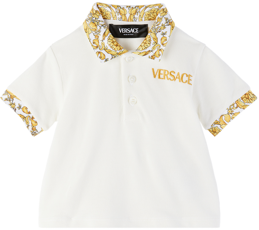 Shop Versace Baby Off-white Barocco Polo In Bianco+oro
