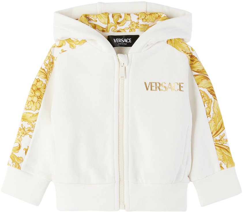 Shop Versace Baby Off-white Barocco Hoodie In Bianco+oro