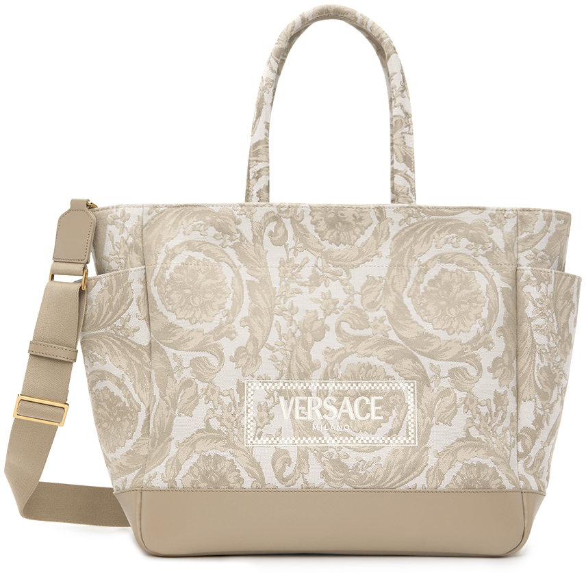 Shop Versace Baby Beige Barocco Athena Changing Bag & Mat Set In Sand Castle