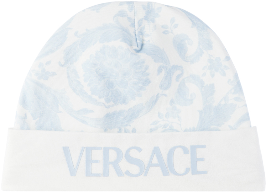 Shop Versace Baby Blue Barocco Beanie In Bianco+ Blue