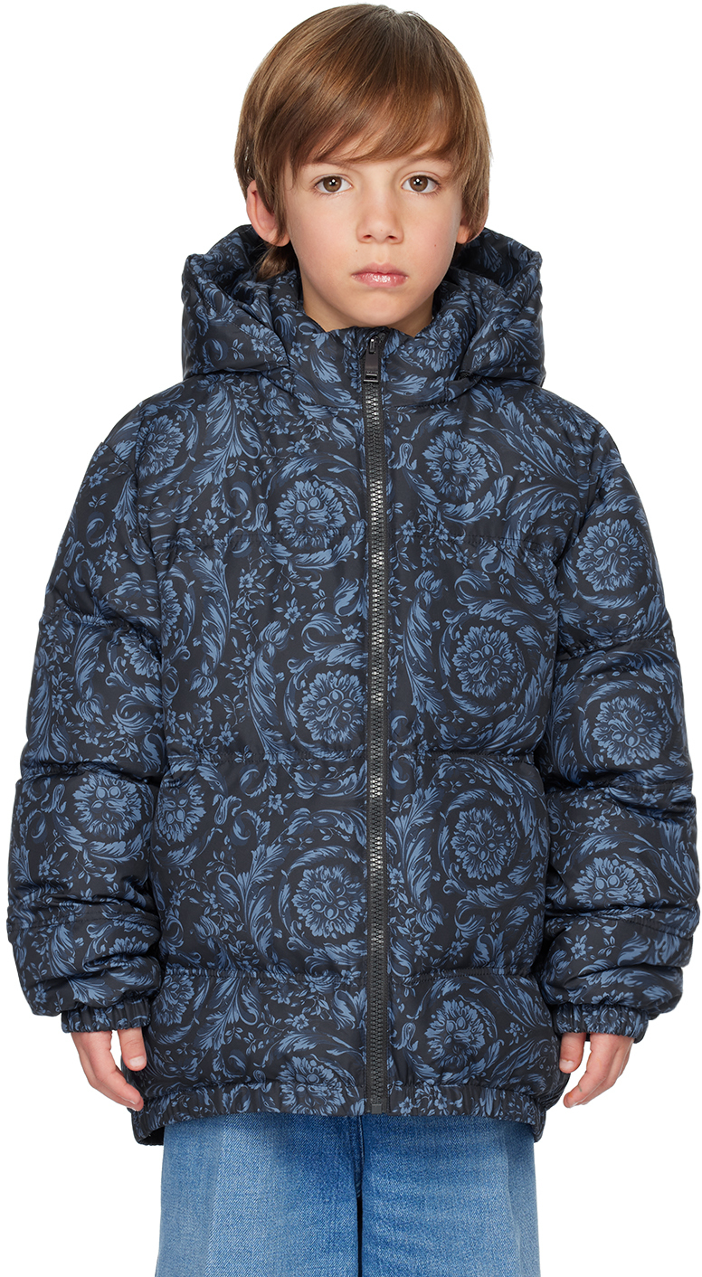 Versace Kids Navy Barocco Down Jacket In Navy Blue