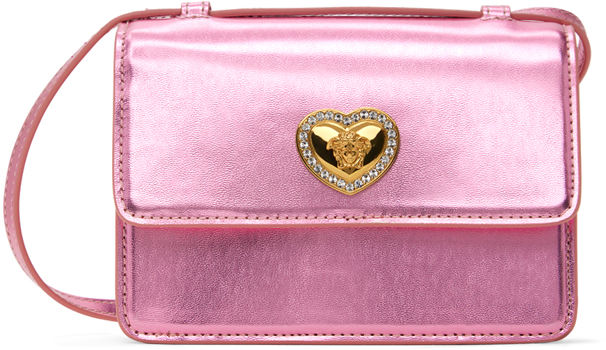 Versace Kids Pink Heart Medusa Crossbody Bag In Pale Pink-oro