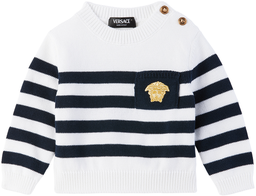 Shop Versace Baby White & Navy Nautical Stripe Sweater In Bianco+navy