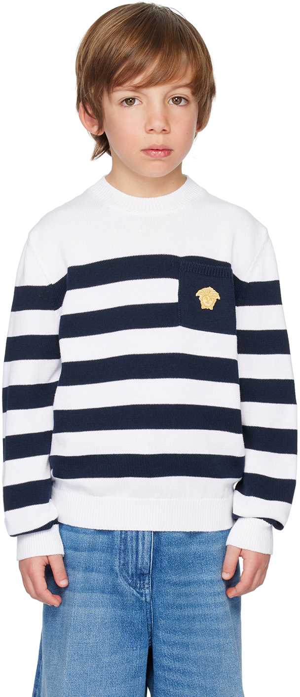 Versace Kids White & Navy Nautical Stripe Sweater In Bianco+navy