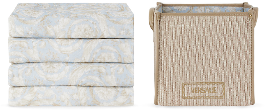 Versace Blue & Beige Barocco Floor Basket Towel Set, 5 Pcs In 5ub30