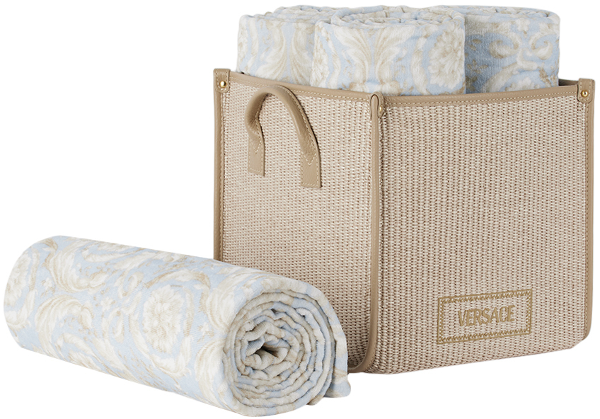 Versace Blue & Beige Barocco Floor Basket Towel Set, 5 Pcs In 5ub30
