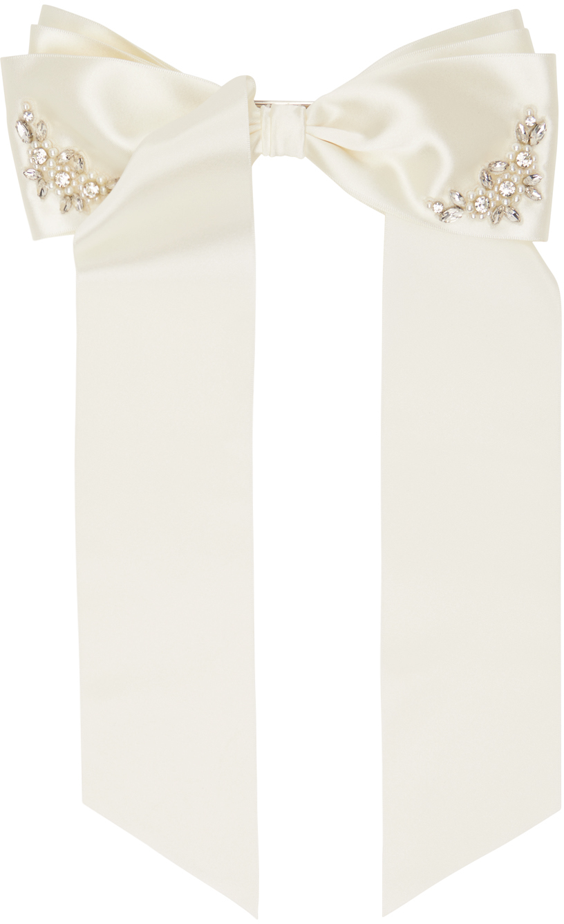 Shop Simone Rocha Off-white Embellished Satin Bow Hair Clip In Cream/pearl/crystal