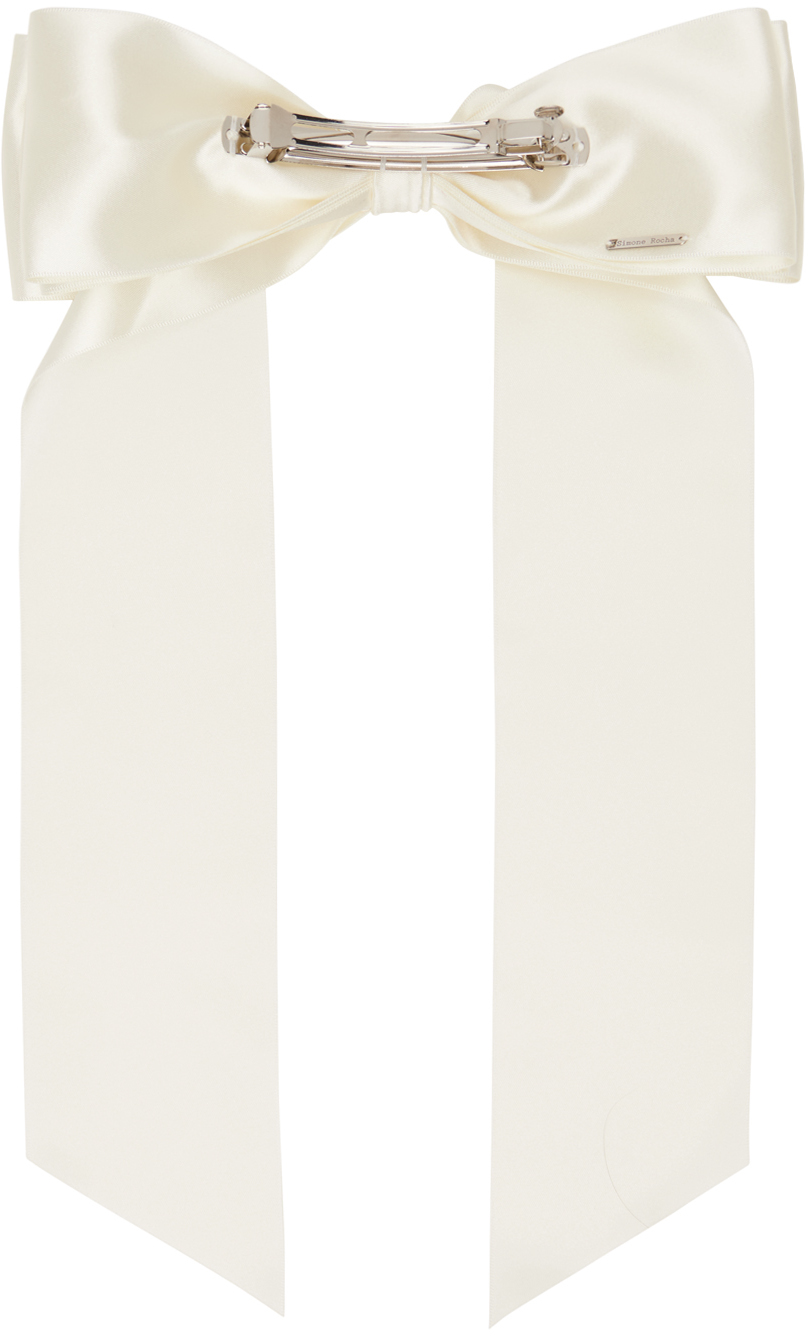 Simone Rocha Off-white Embellished Satin Bow Hair Clip In Cream/pearl/crystal