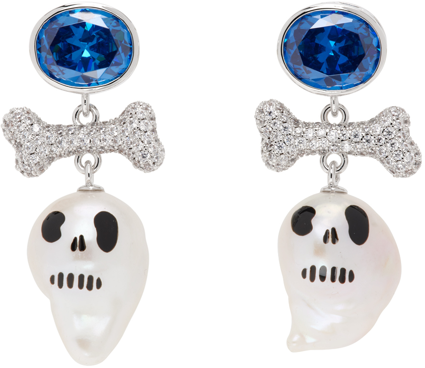 Silver & White Skull Pearl Drop Earrings