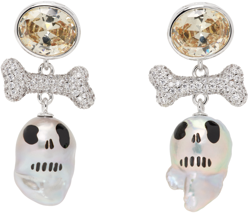 Silver & White Skull Pearl Drop Earrings