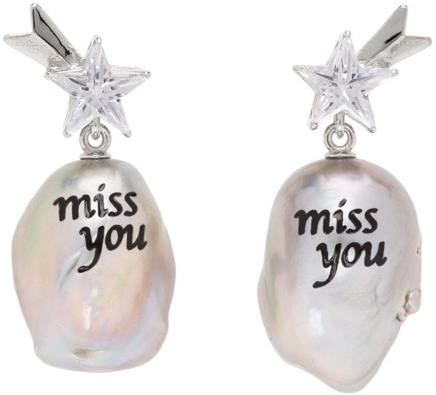 Silver & White 'Miss You' Pearl Earrings