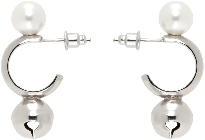 Simone Rocha Silver Bell Charm Hoop Earrings In Pearl