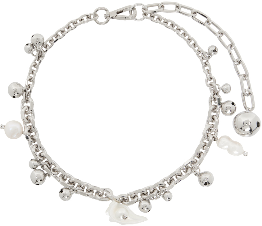 Simone Rocha Silver Bell Charm & Pearl Chain Necklace In Pearl/crystal