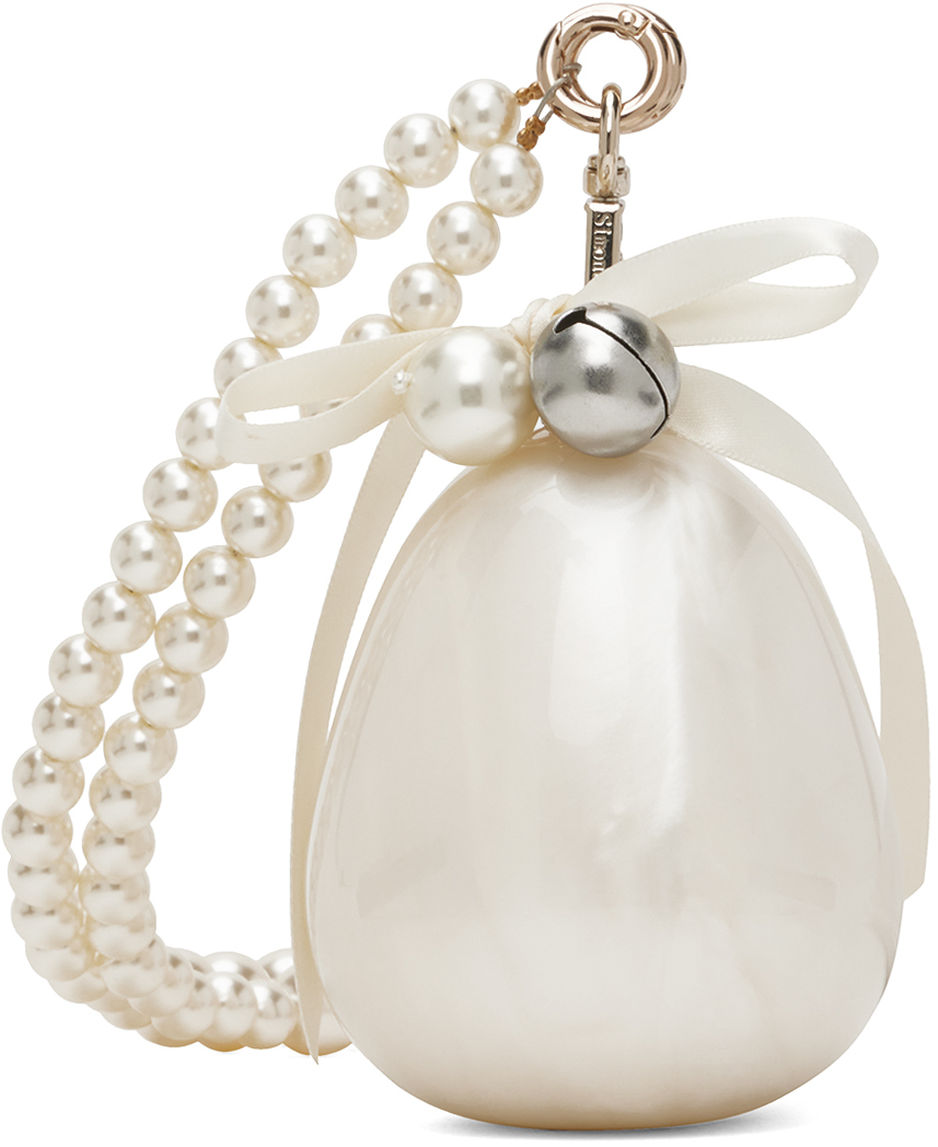 Simone Rocha Off-white Bell Charm Nano Egg Bag In Pearl/pearl/silver