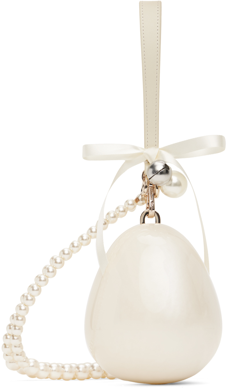Shop Simone Rocha Off-white Bell Charm Micro Pearl Egg Bag In Pearl/pearl/silver