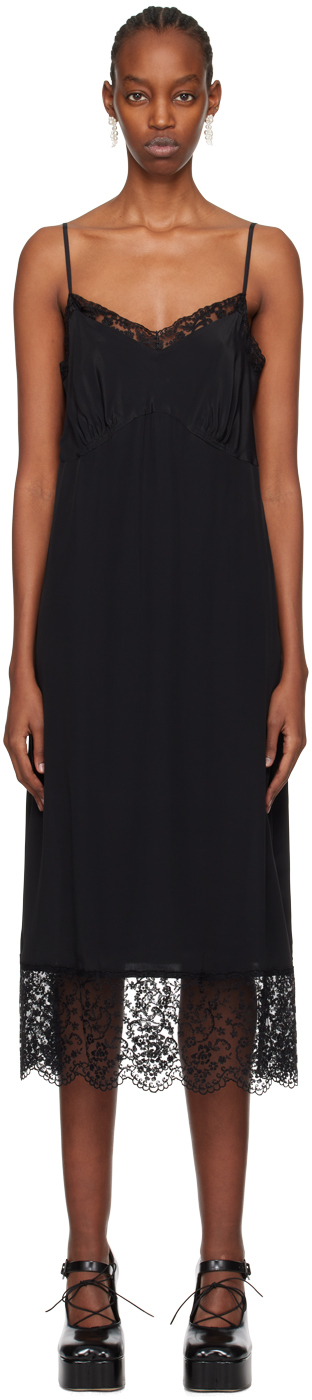Black Deep Lace Trim Slip Midi Dress