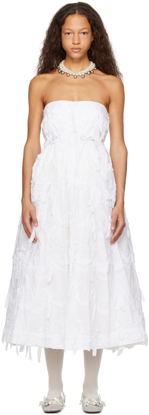 Simone Rocha White Cinched Bow Ball Maxi Dress In White/white