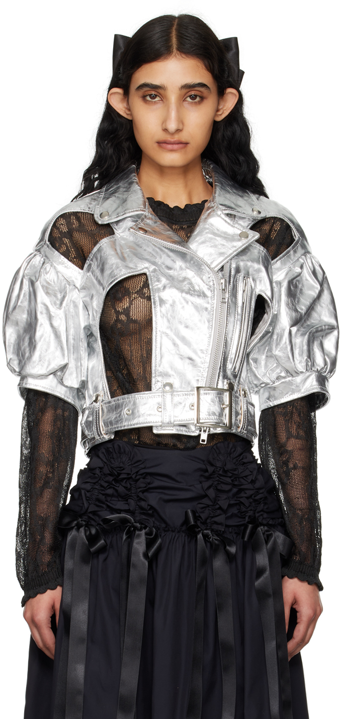 SIMONE ROCHA SILVER CUTOUT LEATHER JACKET 