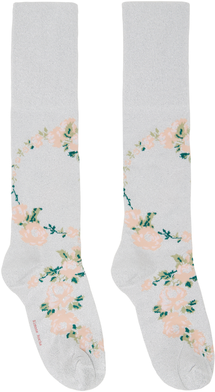 Silver Lurex Jacquard Rosebud Socks