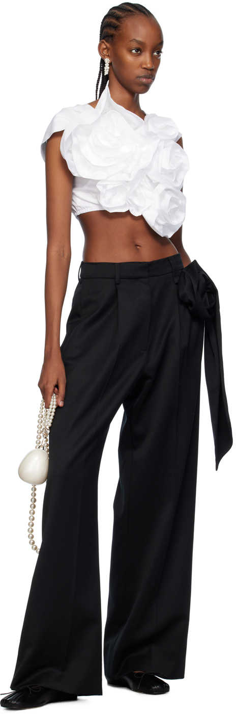 Simone Rocha Pleated Straight-leg Trousers With Pressed Rose Detail In Black