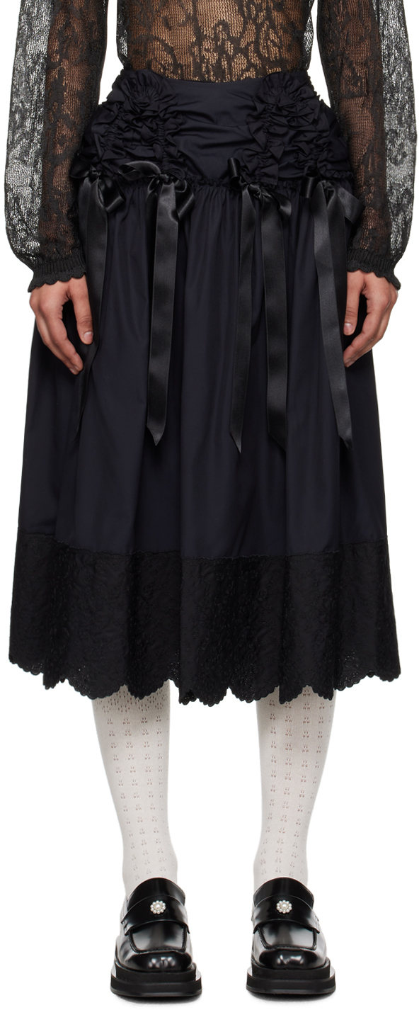 Simone Rocha Bow-embellished Gathered Cotton Skirt In Black/black
