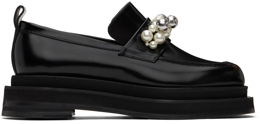 Shop Simone Rocha Black Bell Charm Heart Toe Platform Loafers In Black/pearl