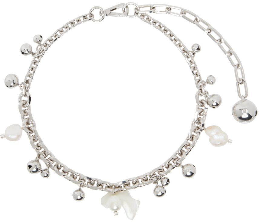 Shop Simone Rocha Silver Bell Charm & Pearl Chain Necklace In Pearl/crystal