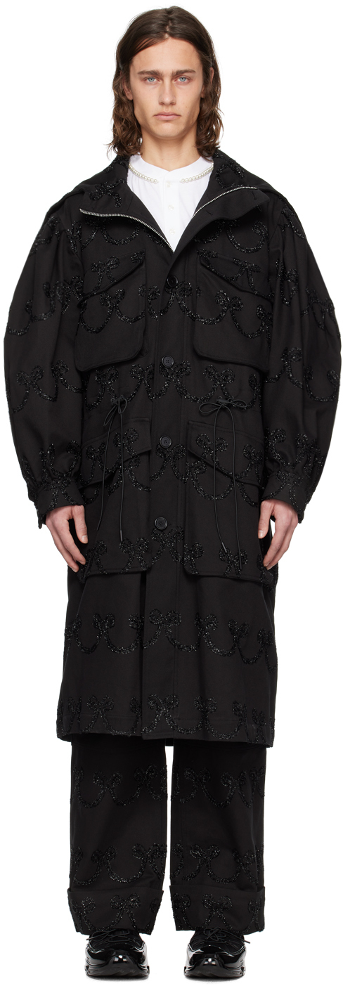 Black Embroidered Denim Coat