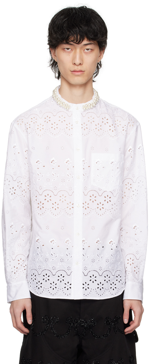 Shop Simone Rocha White Beaded Grandad Shirt In White/white/pearl