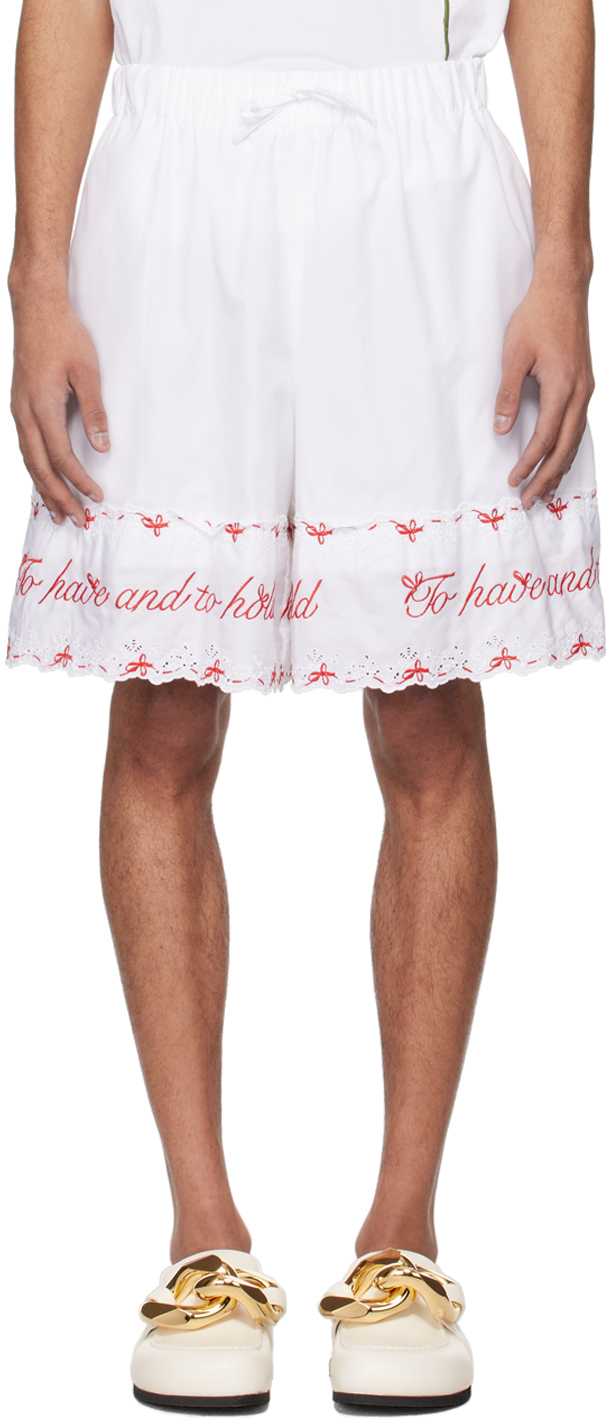 Shop Simone Rocha White Embroidered Shorts In White/white/red
