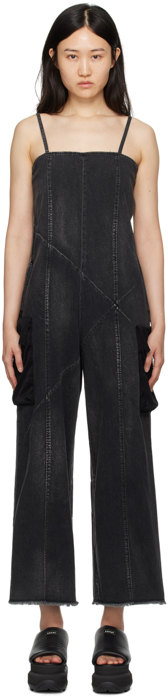 Black Paneled Denim Jumpsuit