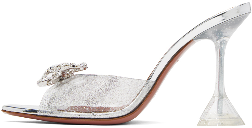 Shop Amina Muaddi Transparent Rosie Glass Heeled Sandals In Silver Glitter