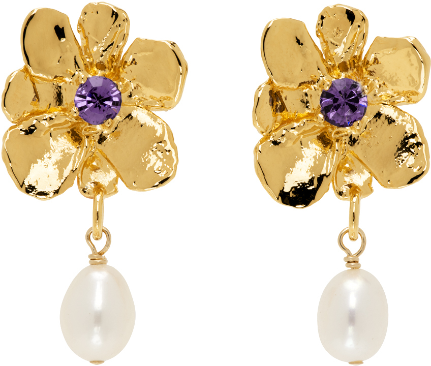 Mondo Mondo Gold Flower Pearl Drop Earrings In 18k Gold Plated