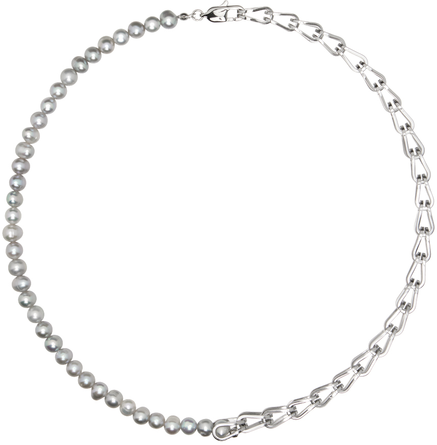 Dion Lee Silver Cage Link Pearl Necklace In Silver/gunmetal