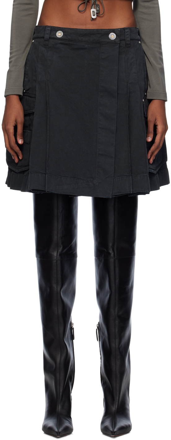 Black Kilt Denim Midi Skirt