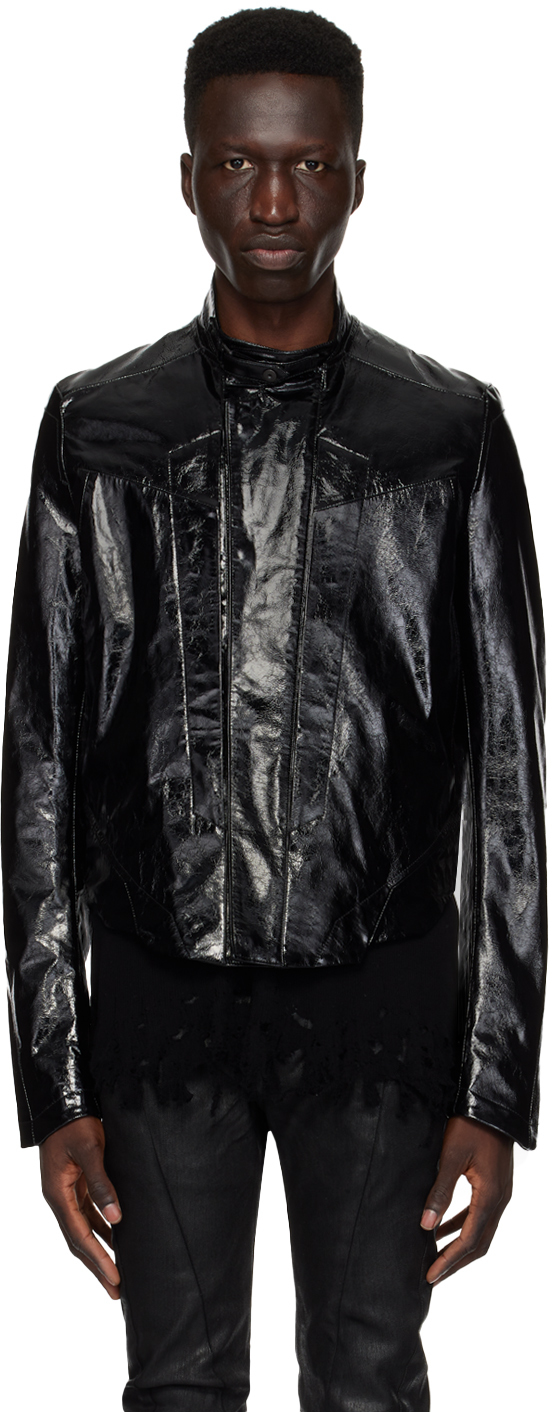 Shop Julius Black Coated Leather Jacket