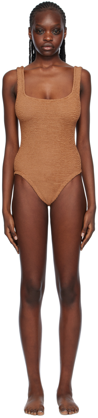 Hunza G Brown Square Neck Swimsuit In Metallic Cocoa