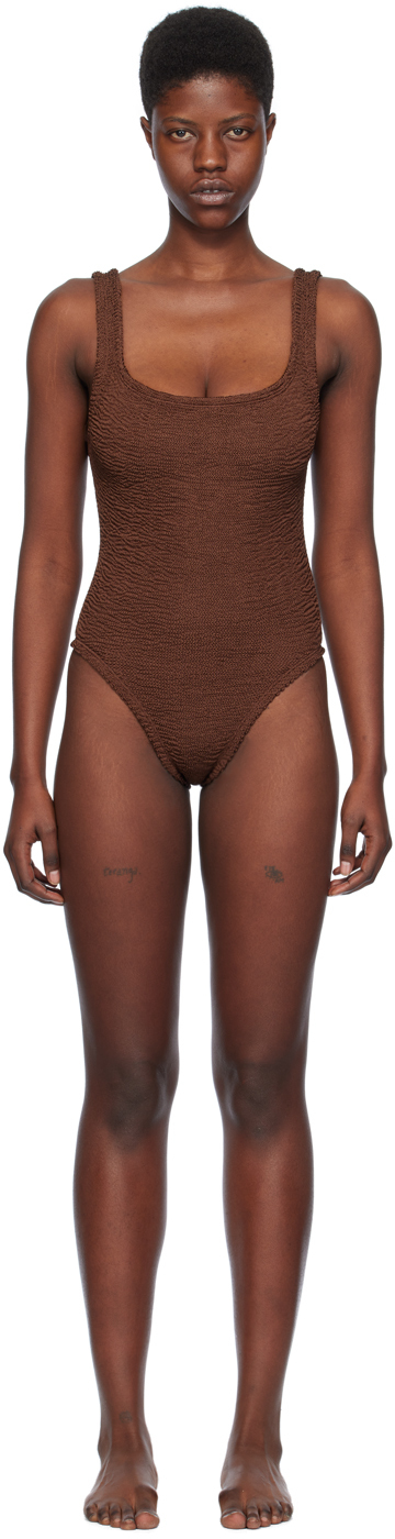 Hunza G Brown Square Neck Swimsuit In Metallic Chocolate