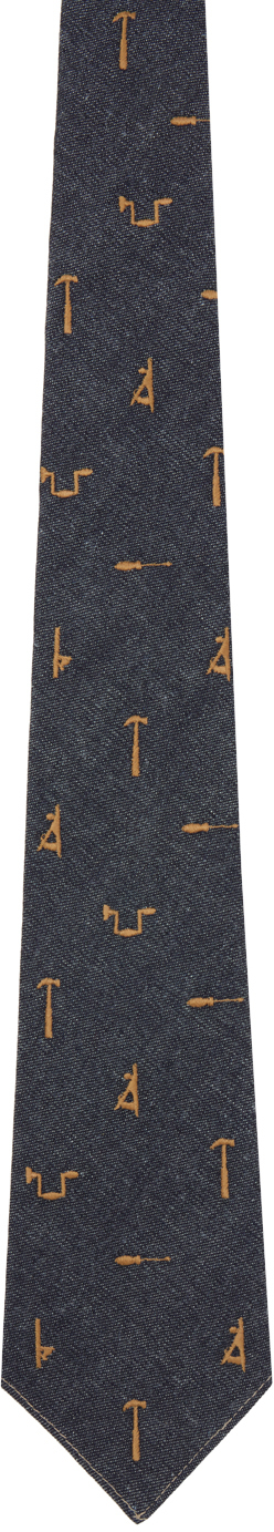 Indigo Tool-Embroidered Denim Tie