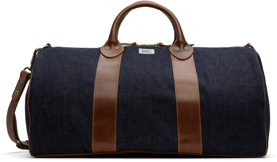 Blue Leather-Trim Denim Duffle Bag