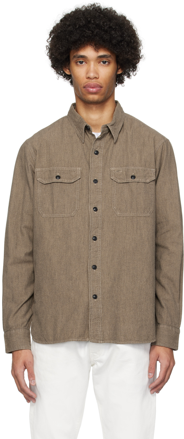Shop Rrl Brown Spread Collar Shirt In Grey Jaspe